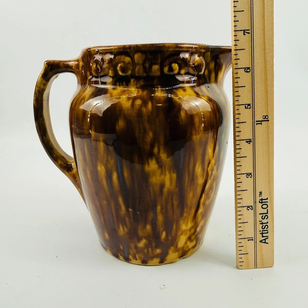 Antique Rockingham Glaze Stoneware Pitcher Brown Bennington Style Embossed 6.5in